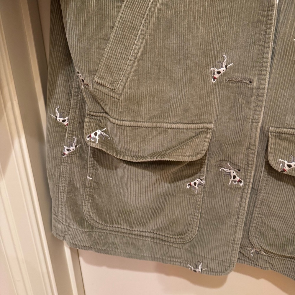 LL Bean Barn Jacket Womens M Green Corduroy Embroidered Dog Field Coat Read - Picture 5 of 8